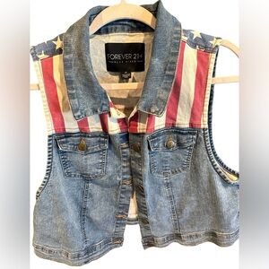 Womens Forever 21 American Flag Blue Denim Button Up Vest size 3X